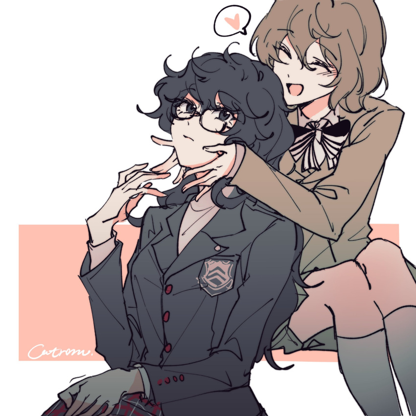 2girls, akechi_gorou, amamiya_ren, black_eyes, black_hair, black_jacket, blush, brown_coat, brown_skirt, catrom_nya, coat, genderswap, genderswap_(ftm), gloves, grey_background, grey_thighhighs, heart, highres, jacket, long_hair, medium_hair, multicolored_background, multiple_girls, persona, persona_5, pink_background, signature, skirt, speech_bubble, spoken_heart, thigh-highs, wavy_hair