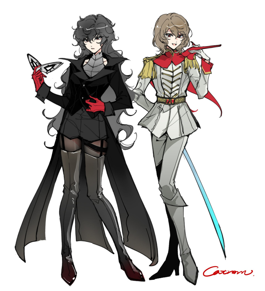 2girls, akechi_gorou, amamiya_ren, black_eyes, black_hair, black_jacket, boots, brown_eyes