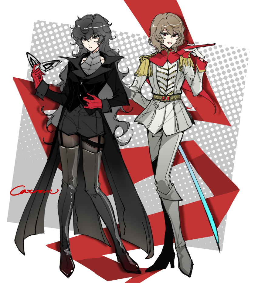 2girls, akechi_gorou, amamiya_ren, black_eyes, black_hair, black_jacket, boots, brown_eyes