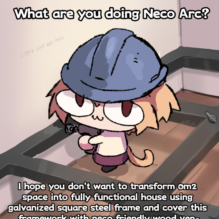 1girl, :3, blonde_hair, bolt_(hardware), brown_eyes, cat_girl, cat_tail, english_text, grey_helmet, hard_hat, helmet, highres, holding_power_drill, image_macro_(meme), indoors, looking_at_viewer, meme, neco-arc, power_drill, purple_skirt, shirt, skirt, solo, tail, tsukihime, unhinged_home_design_(meme), wersman, white_shirt