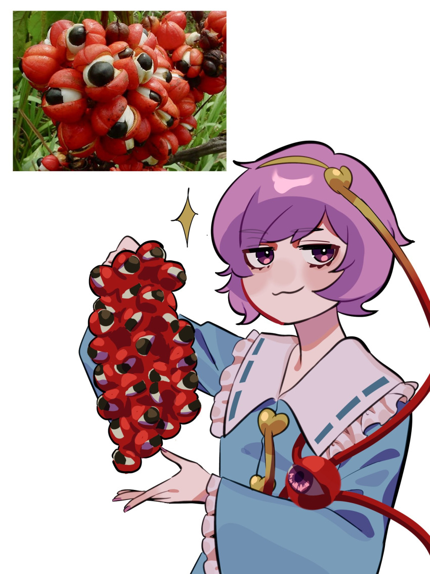 1girl, :3, blouse, blue_shirt, blush, buttons, food, frilled_shirt_collar