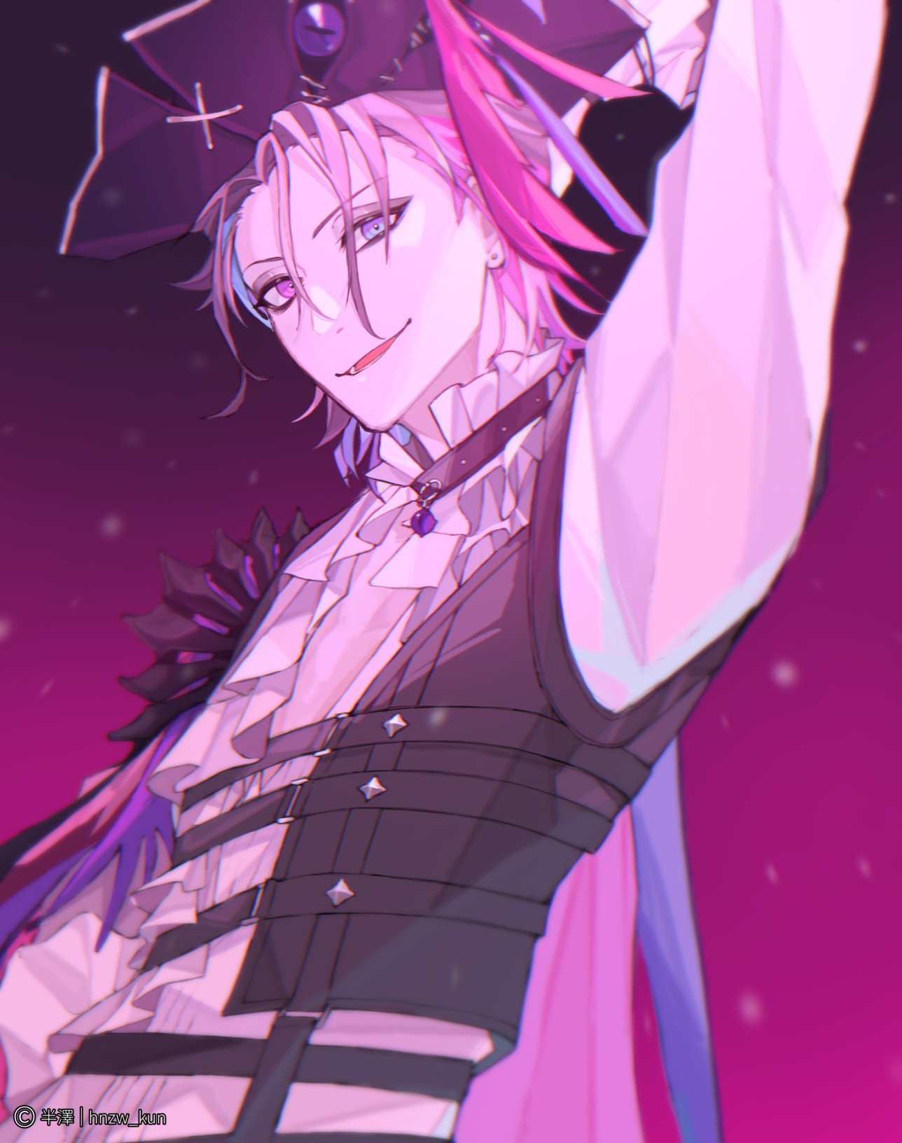 1boy, arm_up, bishounen, black_choker, blue_eyes, blue_hair, choker, copyright_notice