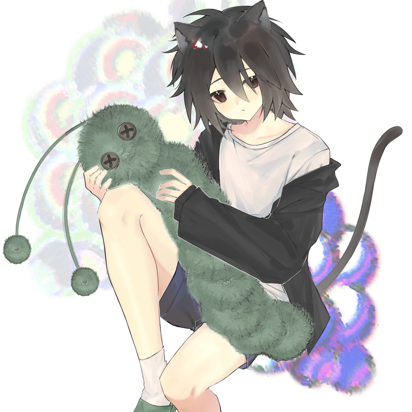 1boy, absurdres, animal_ears, black_jacket, blue_shorts, brown_hair, cat_boy, cat_ears