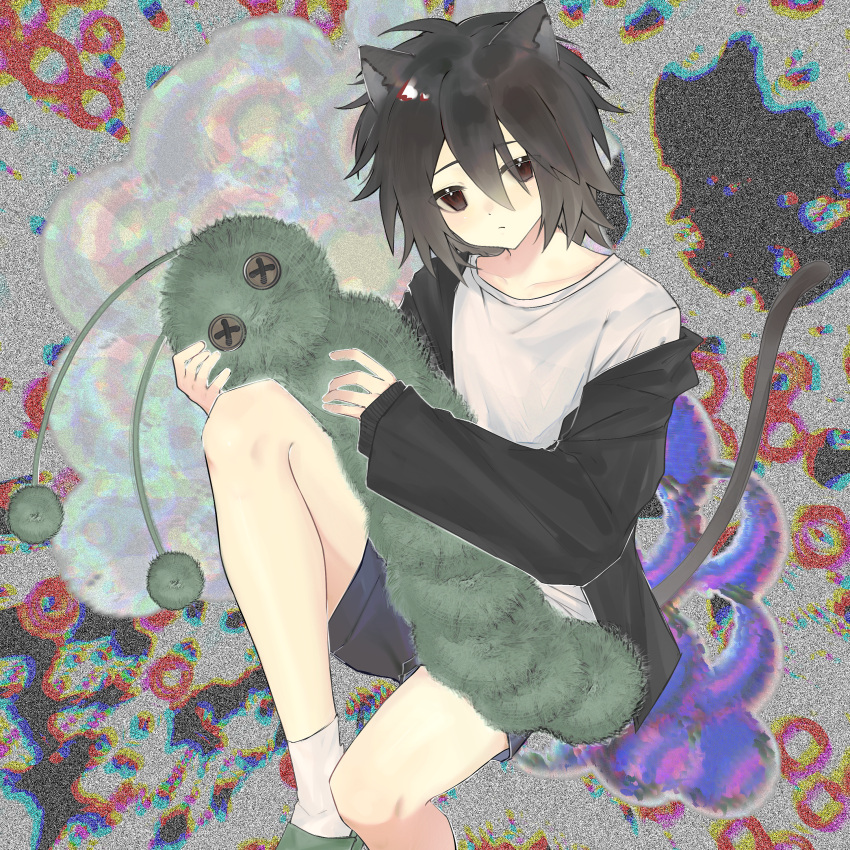 1boy, absurdres, animal_ears, black_jacket, blue_shorts, brown_hair, cat_boy, cat_ears