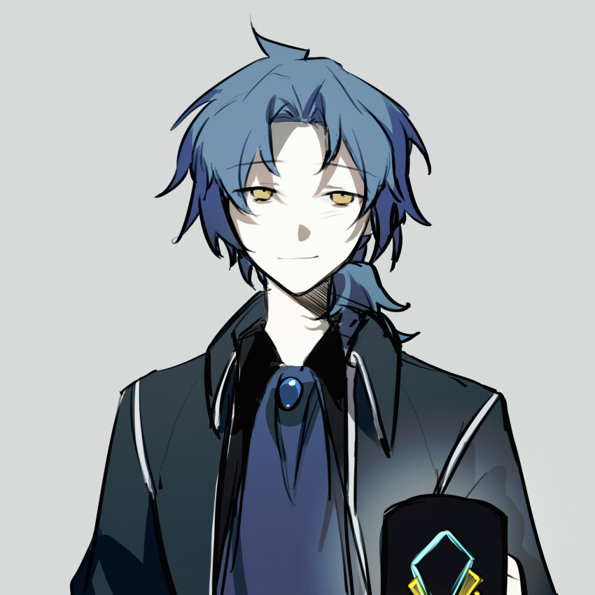 1boy, ascot, black_jacket, black_shirt, blue_ascot, blue_hair, chesed_(project_moon), chinese_commentary