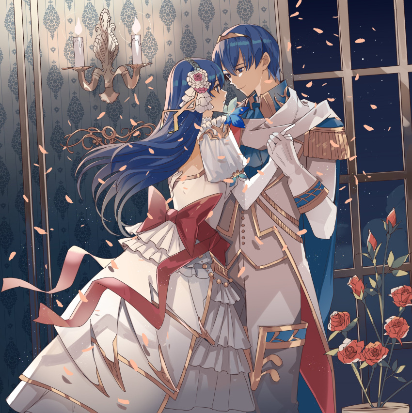 1boy, 1girl, absurdres, back_bow, backless_dress, backless_outfit, blue_eyes, blue_hair