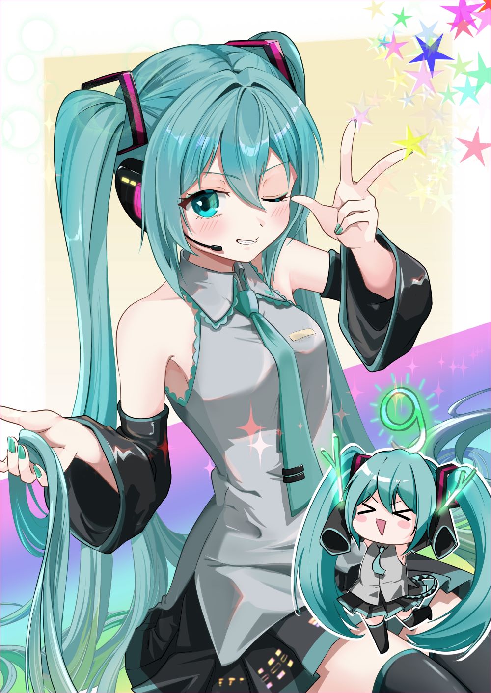 >_<, 1girl, 39, armpit_crease, black_skirt, black_thighhighs, blue_eyes, blue_hair