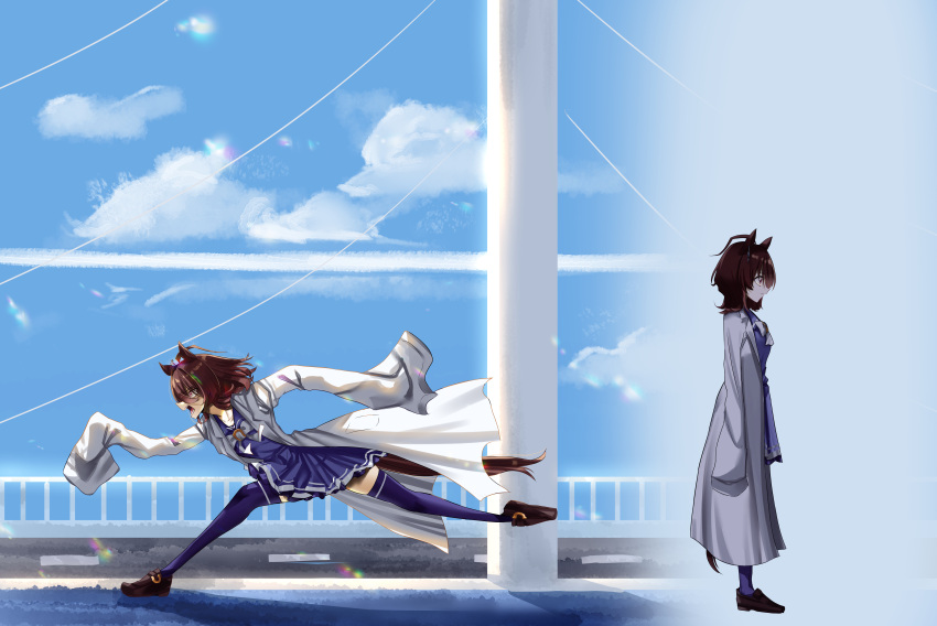1girl, absurdres, agnes_tachyon_(umamusume), ahoge, animal_ears, blue_sky, brown_hair, clouds