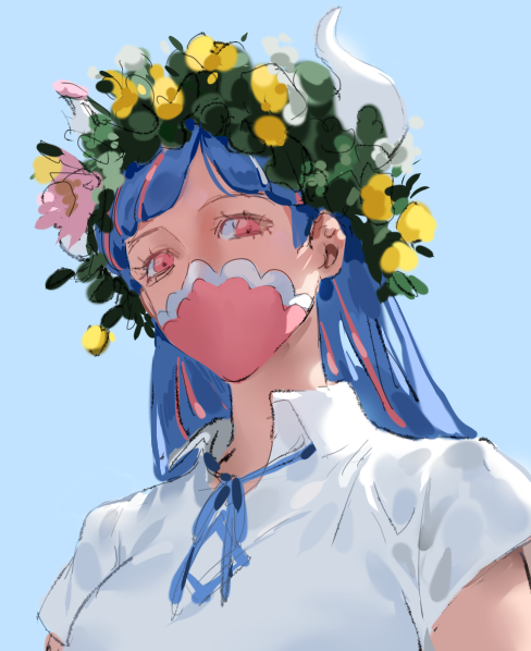 1girl, blue_hair, blue_sky, covered_mouth, curled_horns, day, head_wreath, horns