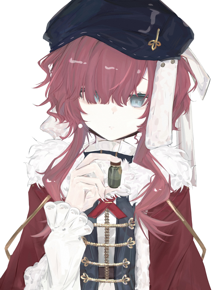 1girl, absurdres, black_hat, blue_eyes, bottle, chinese_commentary, cloak, closed_mouth
