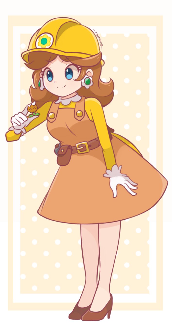 alternate_costume, bare_legs, belt, belt_bag, belt_buckle, blue_eyes, border, brown_bag, brown_belt, brown_footwear, brown_hair, buckle, collared_shirt, commentary, dress, earrings, english_commentary, eyelashes, fire_flower, flower, flower_earrings, frilled_gloves, frills, gloves, hammer, hard_hat, helmet, high_heels, highres, holding, holding_flower, jewelry, kirihoshi, long_hair, long_sleeves, orange_background, orange_dress, outside_border, overall_dress, polka_dot, polka_dot_background, princess_daisy, shirt, short_dress, signature, simple_background, standing, super_mario_bros., super_mario_maker, white_border, white_gloves, yellow_helmet, yellow_shirt