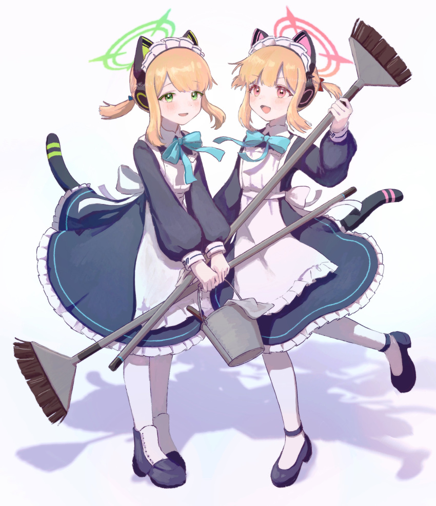 2girls, absurdres, animal_ear_headphones, animal_ears, apron, blonde_hair, blue_archive, blush