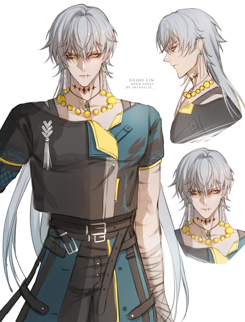 1boy, artist_name, bandaged_arm, bandaged_hand, bandages, bead_necklace, beads, belt