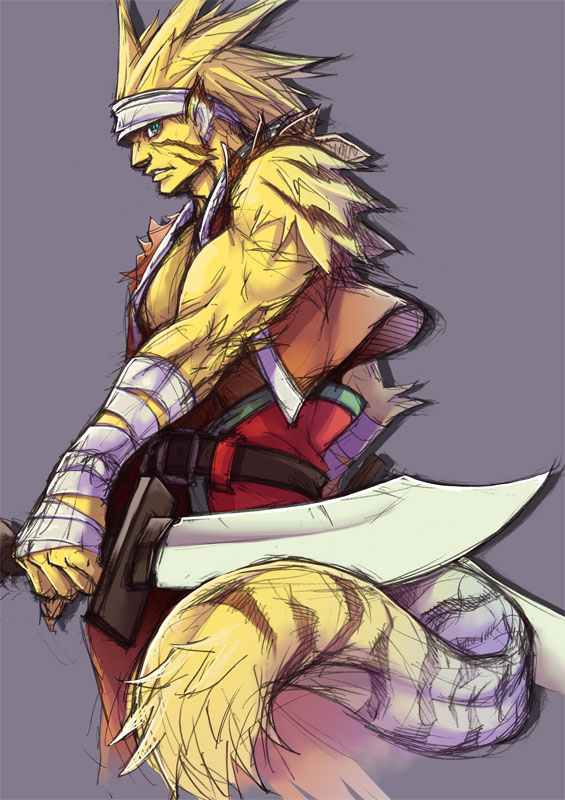 animal_ears, bandana, belt, breath_of_fire, breath_of_fire_iii, cat_ears, cat_tail, green_eyes