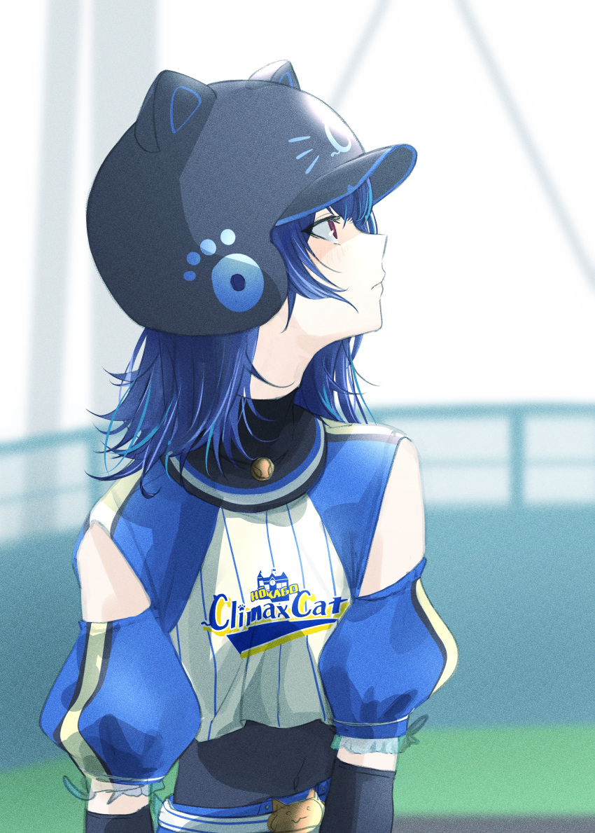 1girl, absurdres, animal_ears_helmet, baseball_helmet, baseball_uniform, blue_hair, blurry, blurry_background