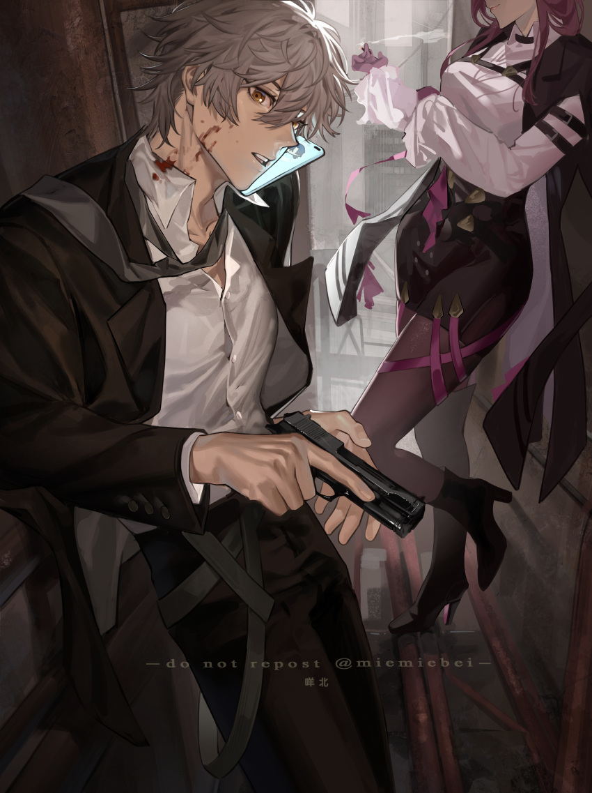 1boy, 1girl, absurdres, alternate_costume, black_coat, black_footwear, black_pants, black_sleeves, blade_(honkai:_star_rail), blood, blood_on_clothes, blood_on_face, breasts, caelus_(honkai:_star_rail), chibi, chibi_inset, chinese_commentary, coat, coat_on_shoulders, commentary_request, crossed_arms, english_text, formal, grey_hair, gun, handgun, highres, holding, holding_gun, holding_weapon, honkai:_star_rail, honkai_(series), kafka_(honkai:_star_rail), large_breasts, male_focus, miemiebei, open_mouth, pants, pantyhose, parted_lips, phone, purple_hair, shirt, short_hair, smoke_trail, talking_on_phone, teeth, tobacco, trailblazer_(honkai:_star_rail), trigger_discipline, upper_teeth_only, weapon, white_shirt