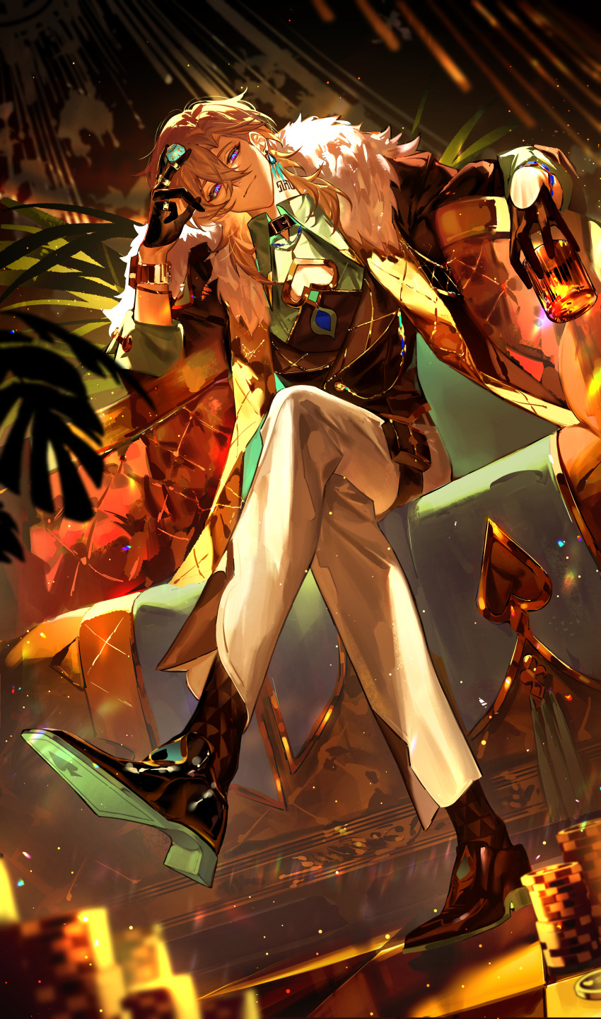 1boy, absurdres, aqua_shirt, aventurine_(honkai:_star_rail), black_footwear, black_gloves, blonde_hair, bracelet