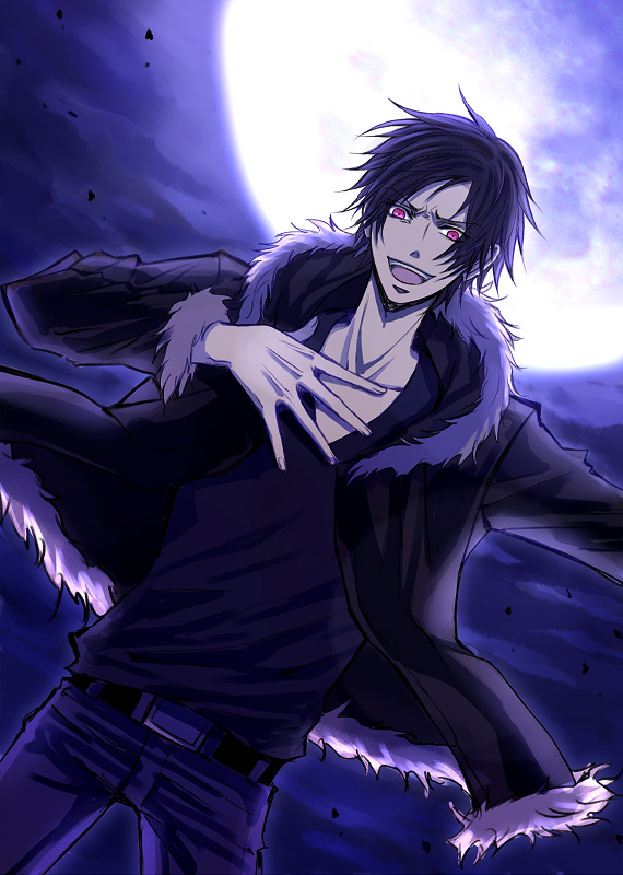 durarara!!, dutch_angle, kaoru, male, moon, orihara_izaya, red_eyes, solo
