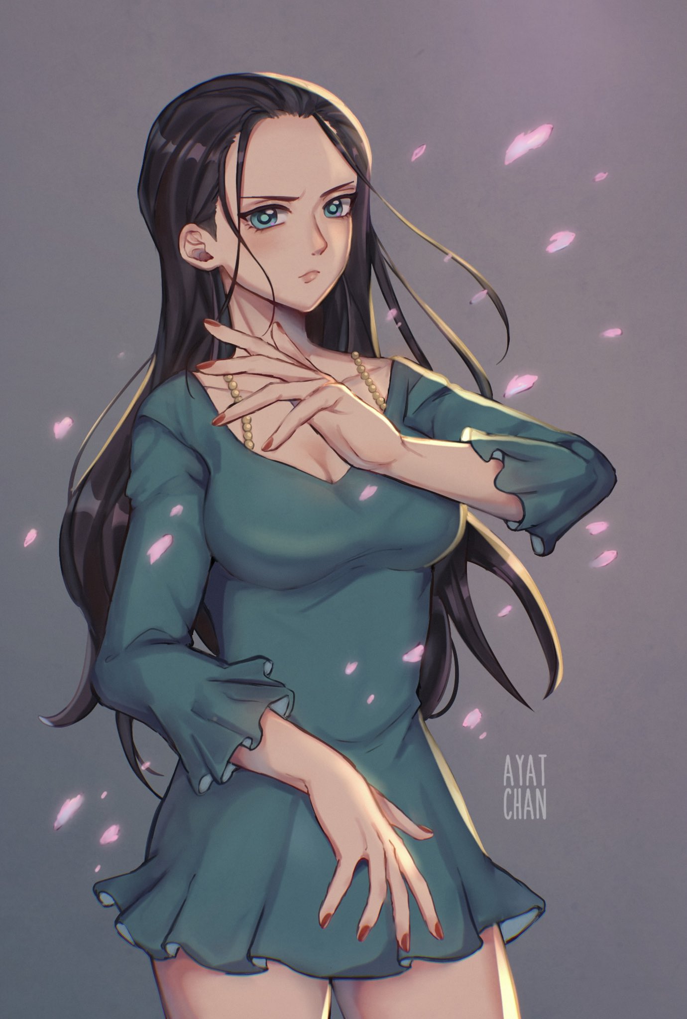 1girl, artist_name, ayat_chan, black_hair, blue_dress, blue_eyes, cherry_blossoms, commentary