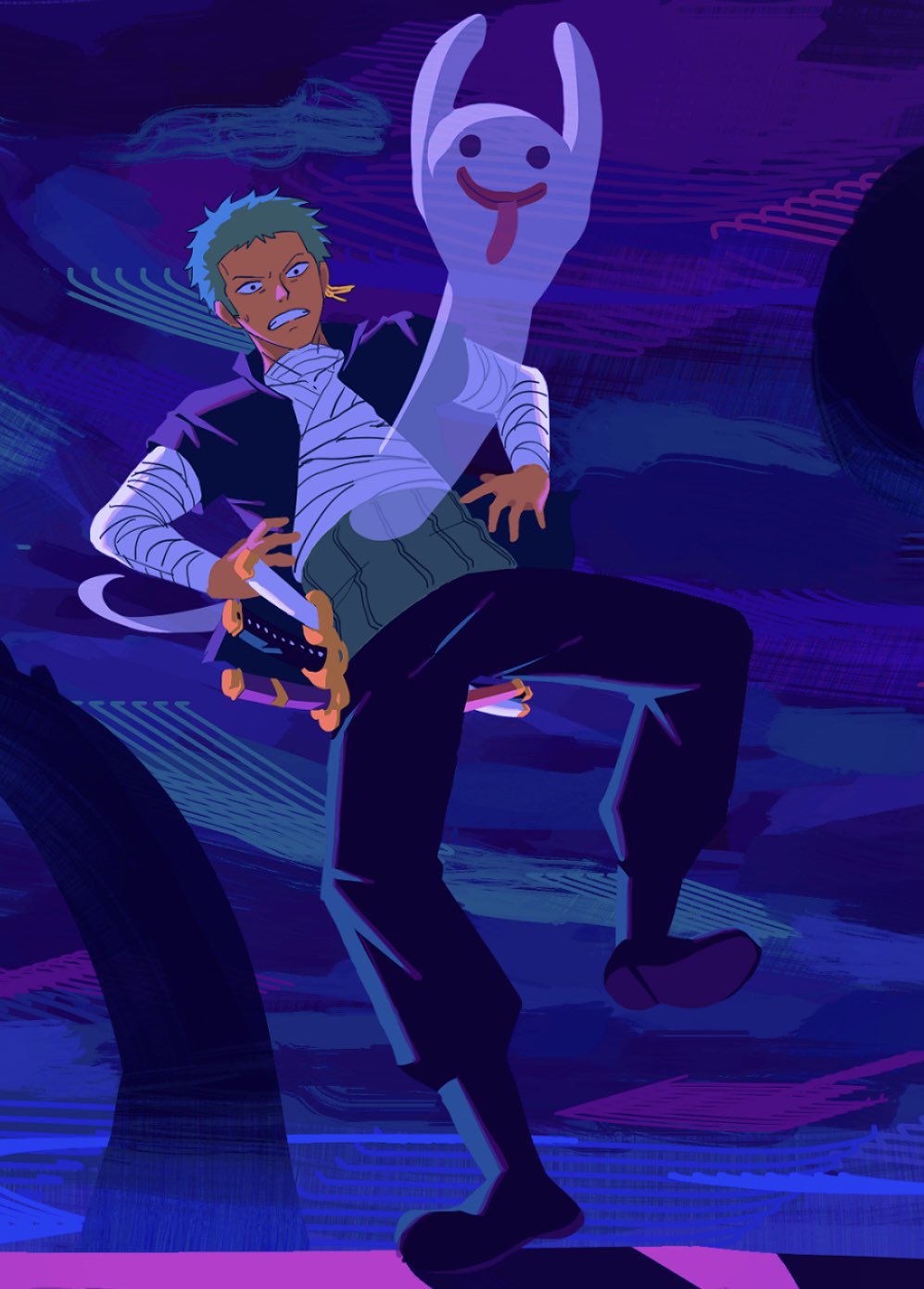 1boy, bandaged_arm, bandaged_chest, bandages, black_pants, boots, clenched_teeth, earrings
