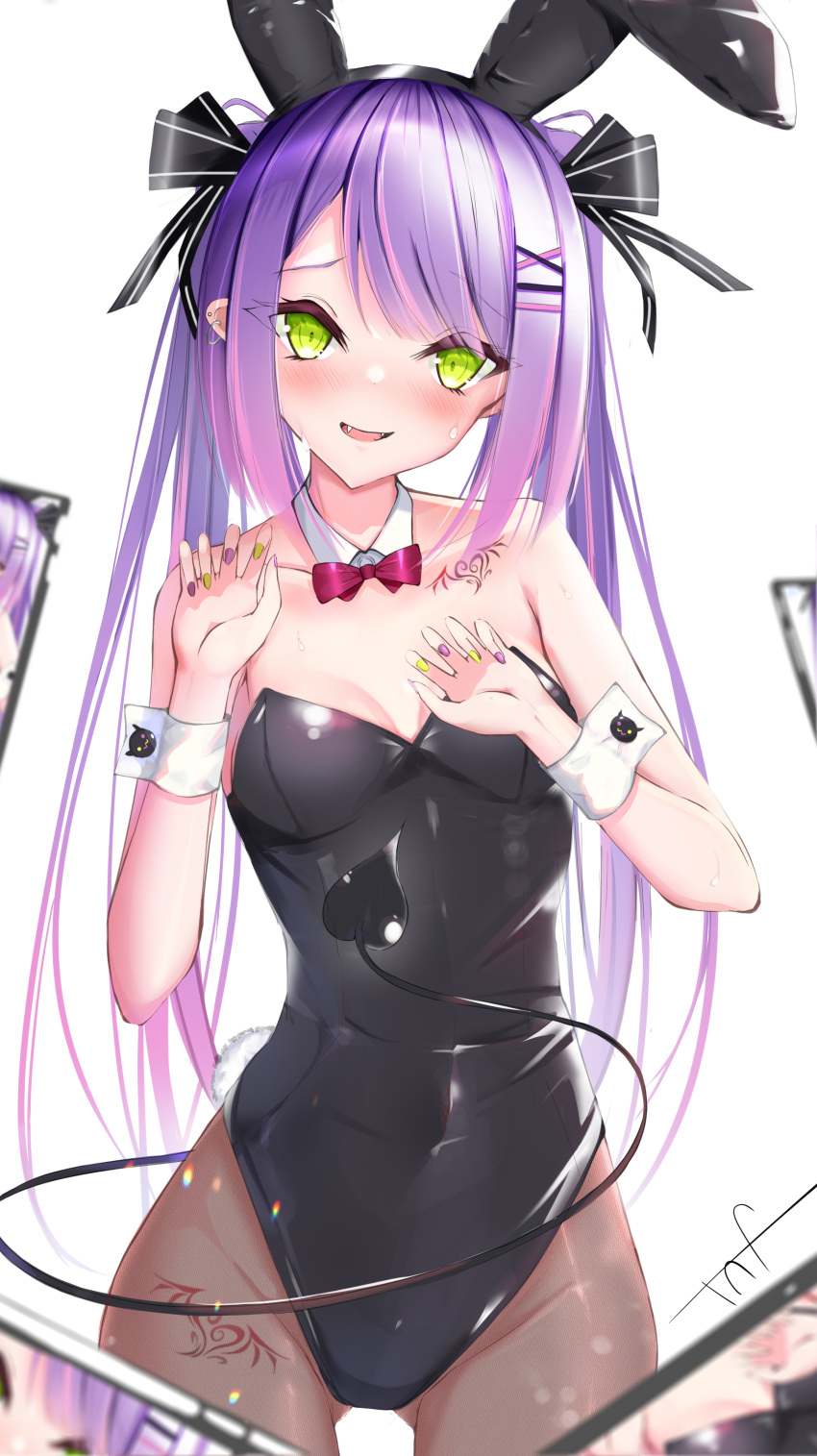 1girl, absurdres, animal_ears, black_leotard, black_pantyhose, blush, bow, bowtie, breasts, colored_inner_hair, demon_tail, detached_collar, ear_piercing, fake_animal_ears, fangs, fishnet_pantyhose, fishnets, green_eyes, hair_ornament, hairclip, hat, highleg, highleg_leotard, highres, hololive, horns, infy, leotard, long_hair, looking_at_viewer, multicolored_hair, open_mouth, pantyhose, piercing, pink_hair, playboy_bunny, purple_hair, rabbit_ears, shirt, small_breasts, smile, solo, strapless, strapless_leotard, streaked_hair, tail, thighs, tokoyami_towa, twintails, virtual_youtuber, wrist_cuffs