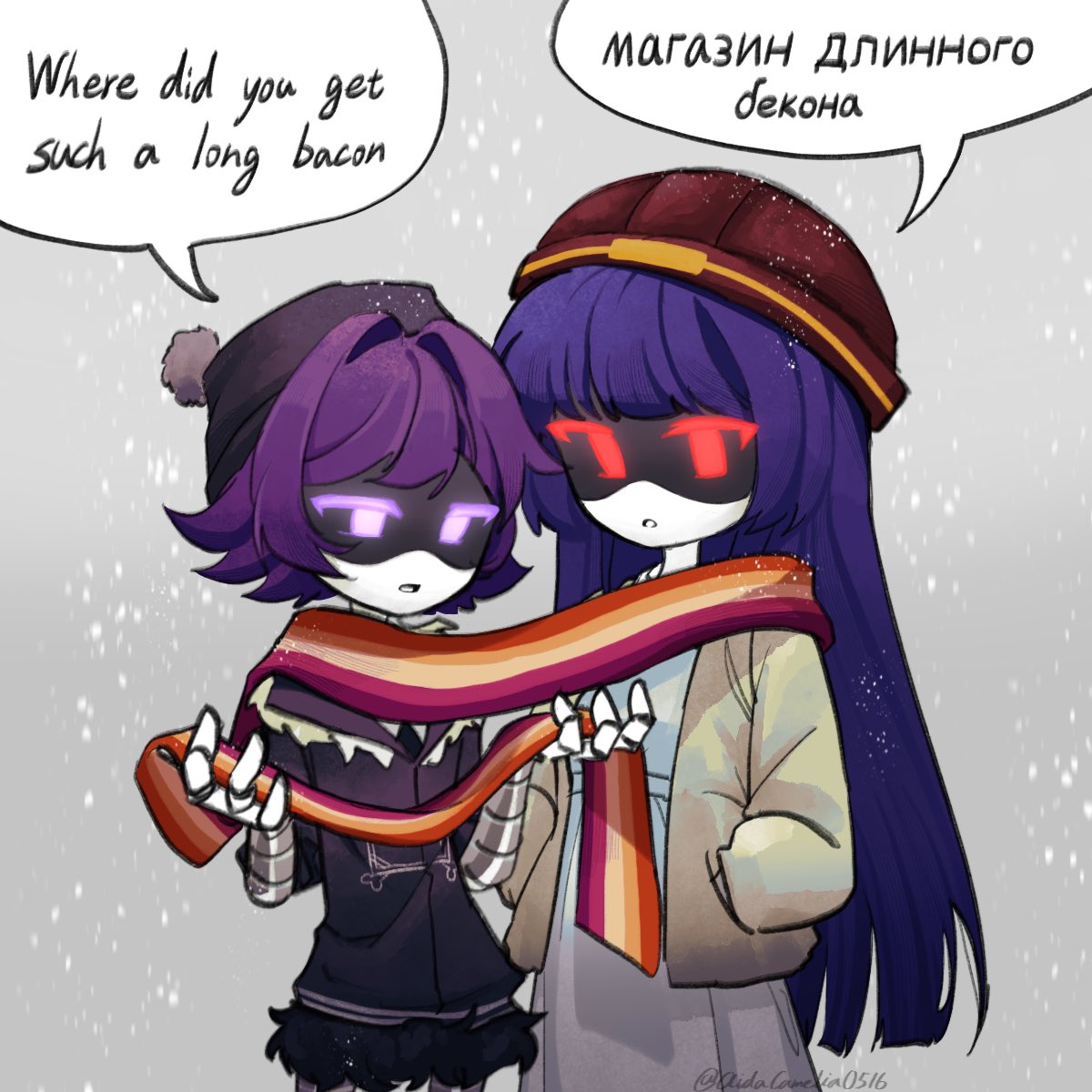 2girls, aida_(aidacamelia0516), android, black_hat, black_jacket, brown_hat, brown_jacket, doll_(murder_drones)