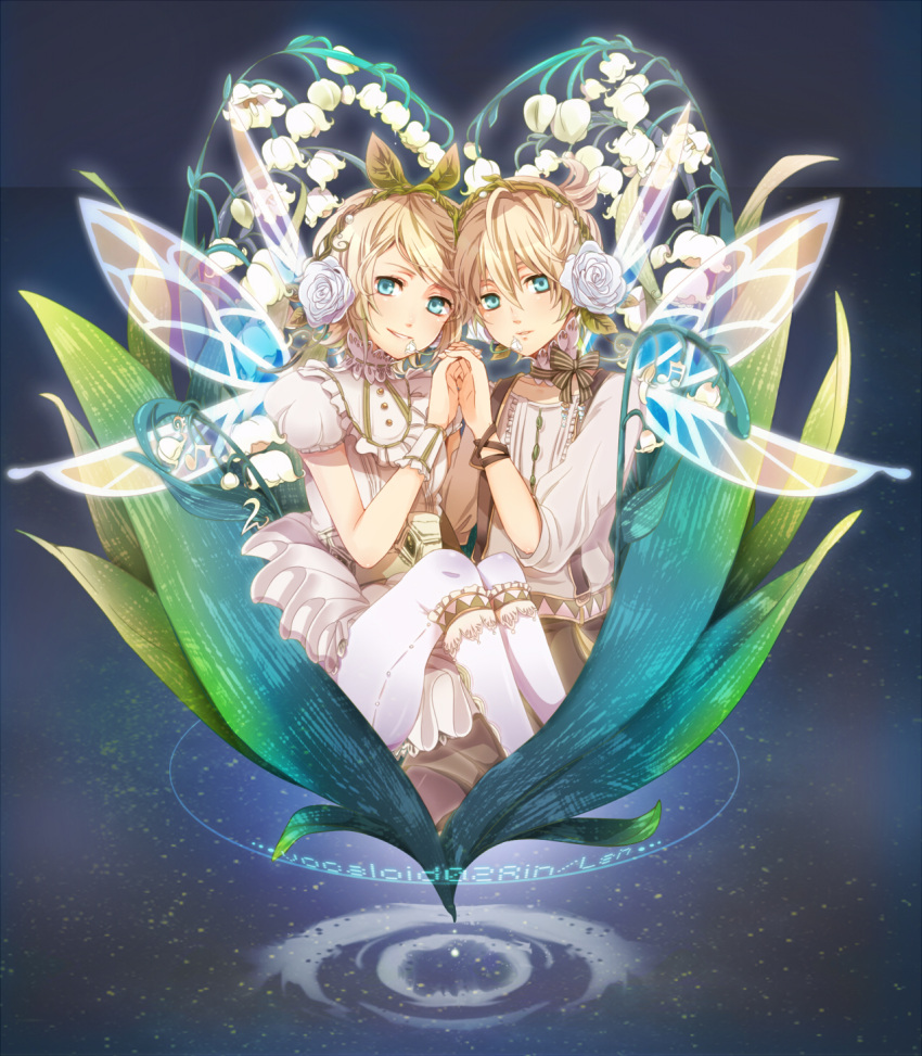 blue_eyes, brother_and_sister, choker, earmuffs, fairy_wings, flower, hair_flower, hair_ornament