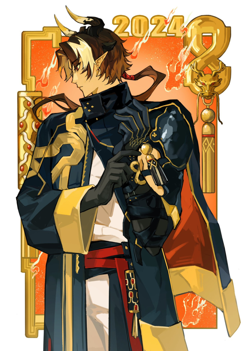 1boy, 2024, arknights, armor, black_coat, blonde_hair, chinese_zodiac, chong_yue_(arknights), closed_mouth, coat, commentary_request, cowboy_shot, dated, dragon_boy, dragon_horns, earrings, fire, floating_hair, green_pupils, hands_up, heart_bobo, highres, horns, jewelry, long_hair, long_sleeves, looking_to_the_side, low_ponytail, male_focus, multicolored_hair, new_year, orange_background, pauldrons, pointy_ears, red_eyes, shoulder_armor, single_pauldron, single_sleeve, solo, standing, streaked_hair, wide_sleeves, year_of_the_dragon
