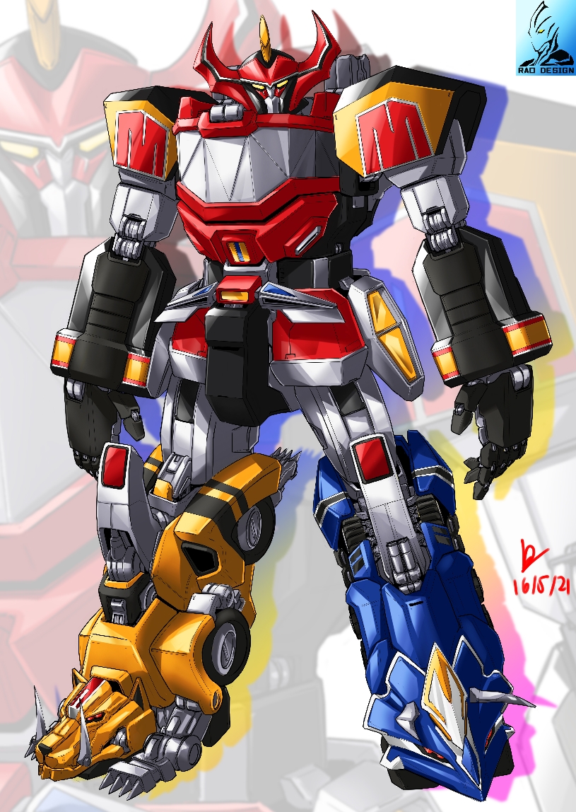 armor, daizyuzin, full_body, gattai, holding_cannon, horns, kyouryuu_sentai_zyuranger, machine