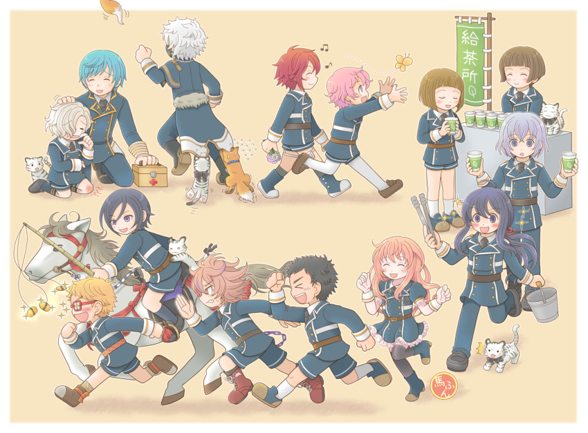 6+boys, akita_toushirou, black_bow, black_hair, black_necktie, blonde_hair, blue_hair, blush