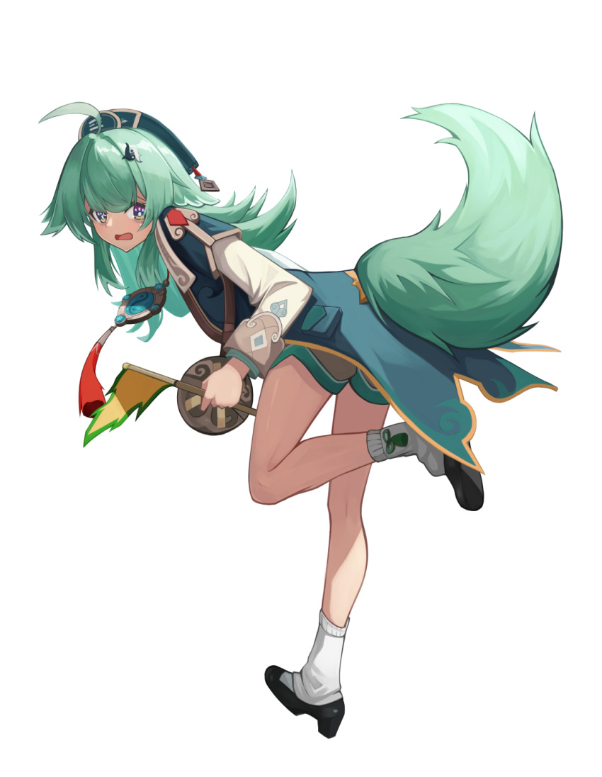 1girl, ahoge, baggy_socks, bent_over, flag, fox_tail, from_side, full_body