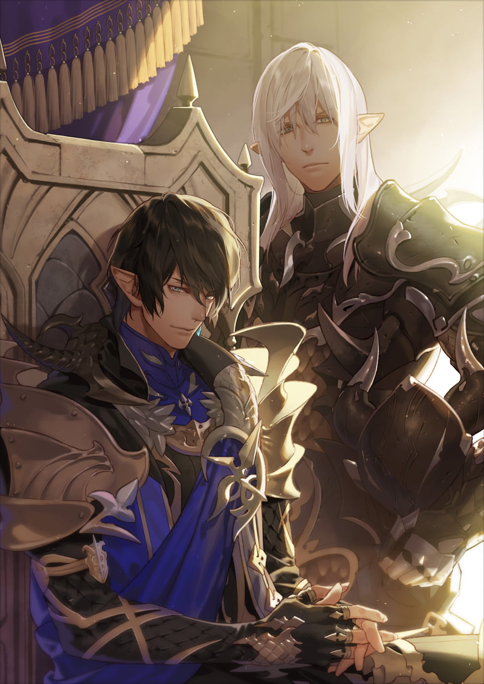 2boys, armor, aymeric_de_borel, backlighting, black_gloves, blue_sash, blush, breastplate