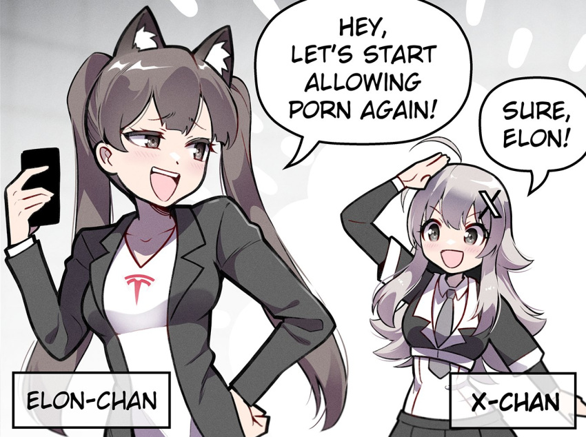 2girls, ahoge, animal_ears, black_skirt, brown_eyes, brown_hair, cat_ears, cellphone