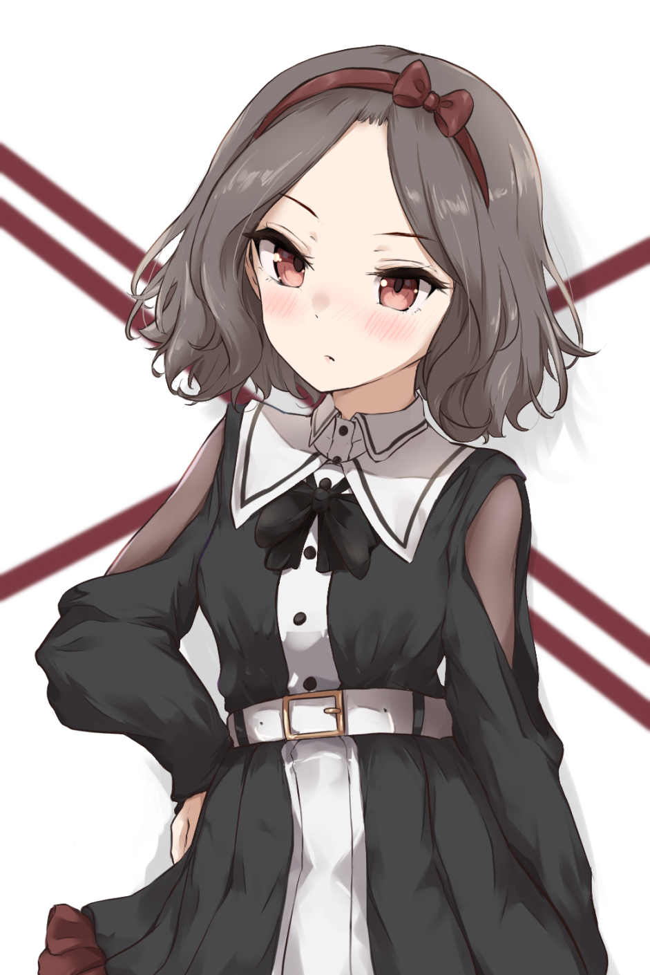 1girl, belt, black_dress, blush, bow_hairband, brown_hair, closed_mouth, collared_dress