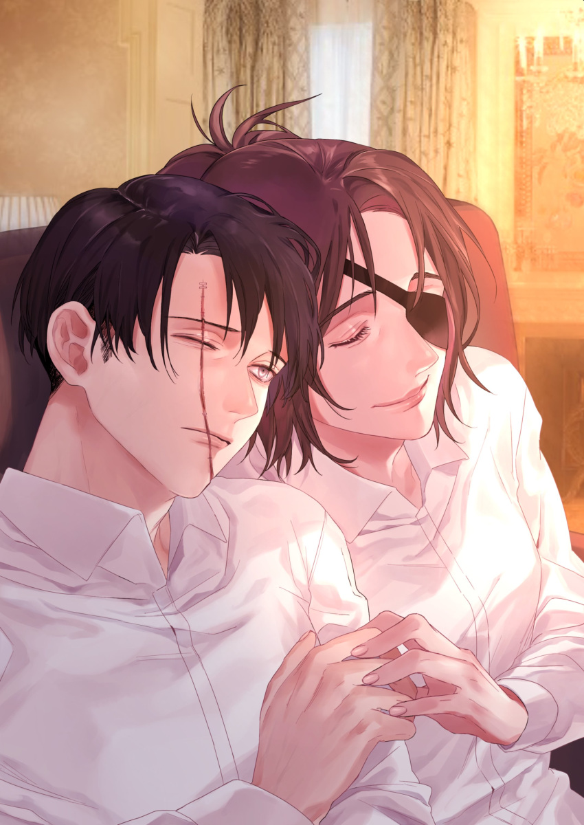 1boy, 1girl, absurdres, alternate_costume, blind, brown_hair, closed_eyes, closed_mouth