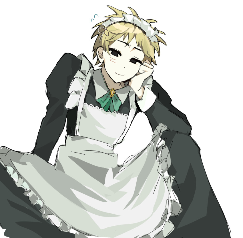 1boy, alternate_costume, apron, atou_haruki, black_dress, black_eyes, blonde_hair, brooch