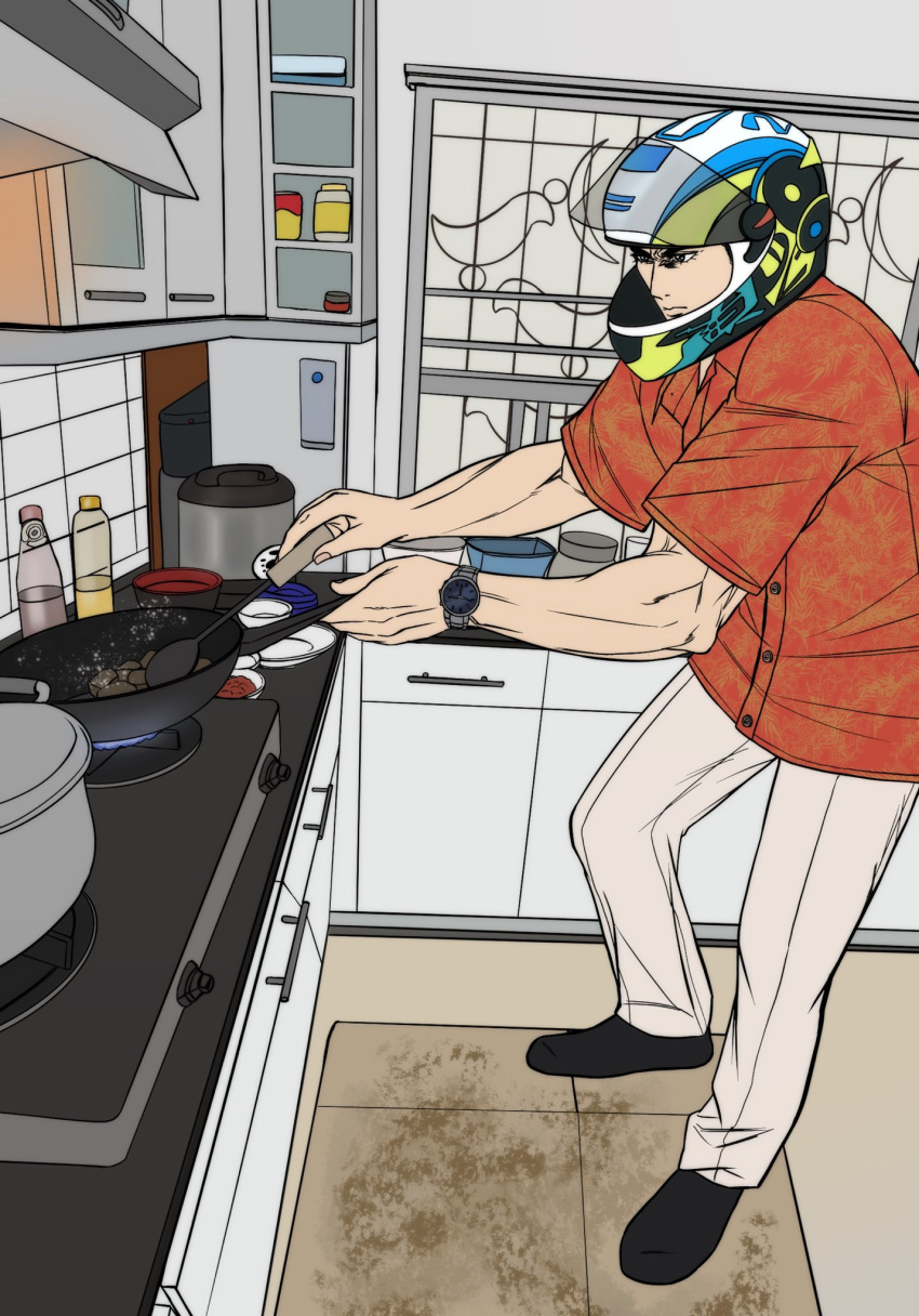 1boy, black_eyes, black_footwear, bottle, cabinet, cdtxufre, closed_mouth, cooking