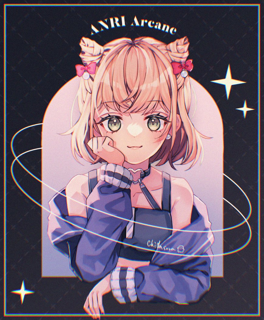 1girl, anri_(synthesizer_v), black_choker, black_shirt, blonde_hair, bow, character_name, chiru_da