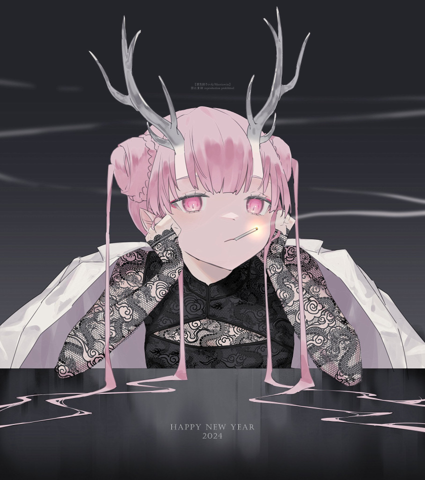 1girl, 2024, 3pel1, antlers, artist_name, black_background, center-flap_bangs, chinese_clothes