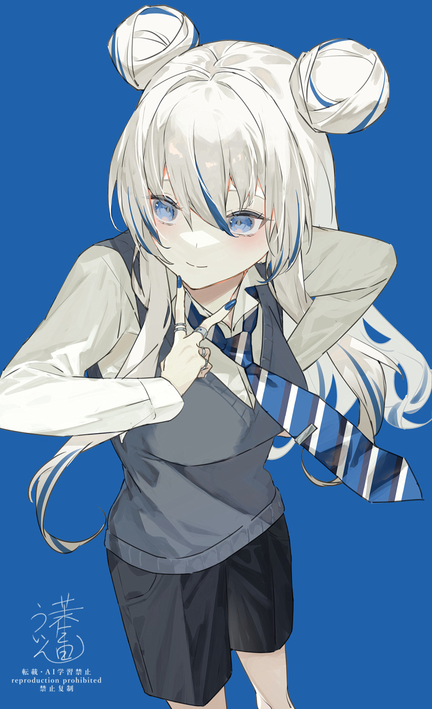 1girl, 3pel1, blue_background, blue_eyes, blue_hair, blue_nails, blush, closed_mouth