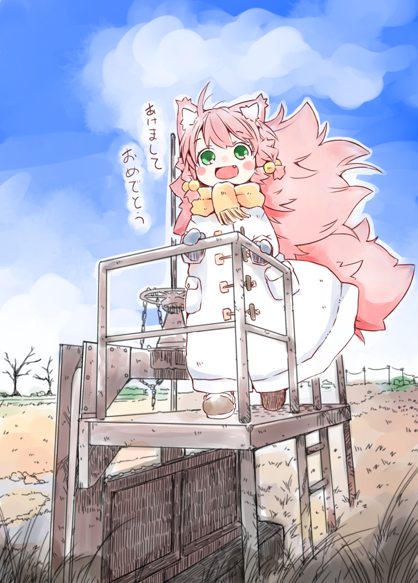 1girl, animal_ear_fluff, animal_ears, bare_tree, blue_mittens, blue_sky, blush_stickers, brown_footwear