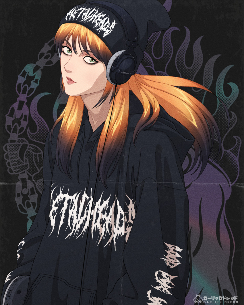1girl, artist_name, beanie, black_hair, black_hat, black_hoodie, colored_tips, drawstring, garlikk_dredd, green_eyes, hat, hayley_williams, head_tilt, headphones, highres, hood, hood_down, hoodie, looking_at_viewer, multicolored_hair, orange_hair, paramore, real_life, solo, upper_body