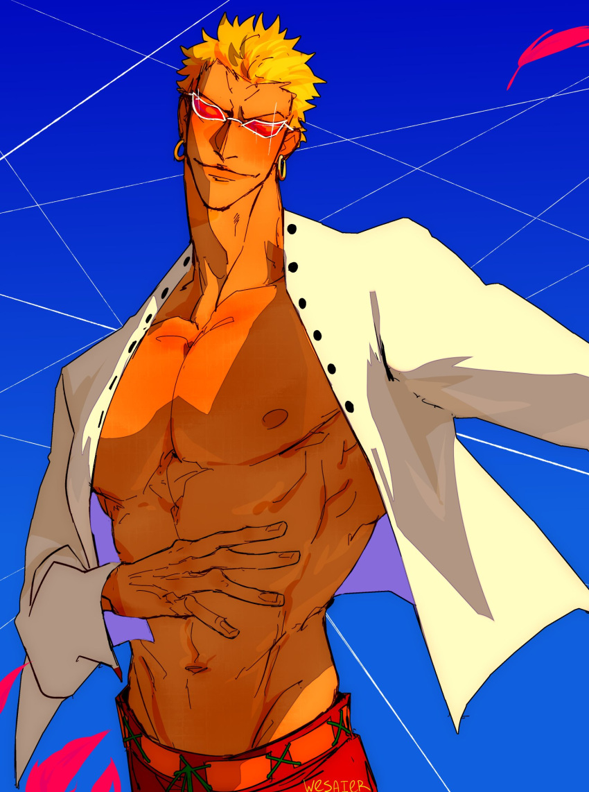 1boy, abs, blonde_hair, blush, closed_mouth, donquixote_doflamingo, earrings, highres