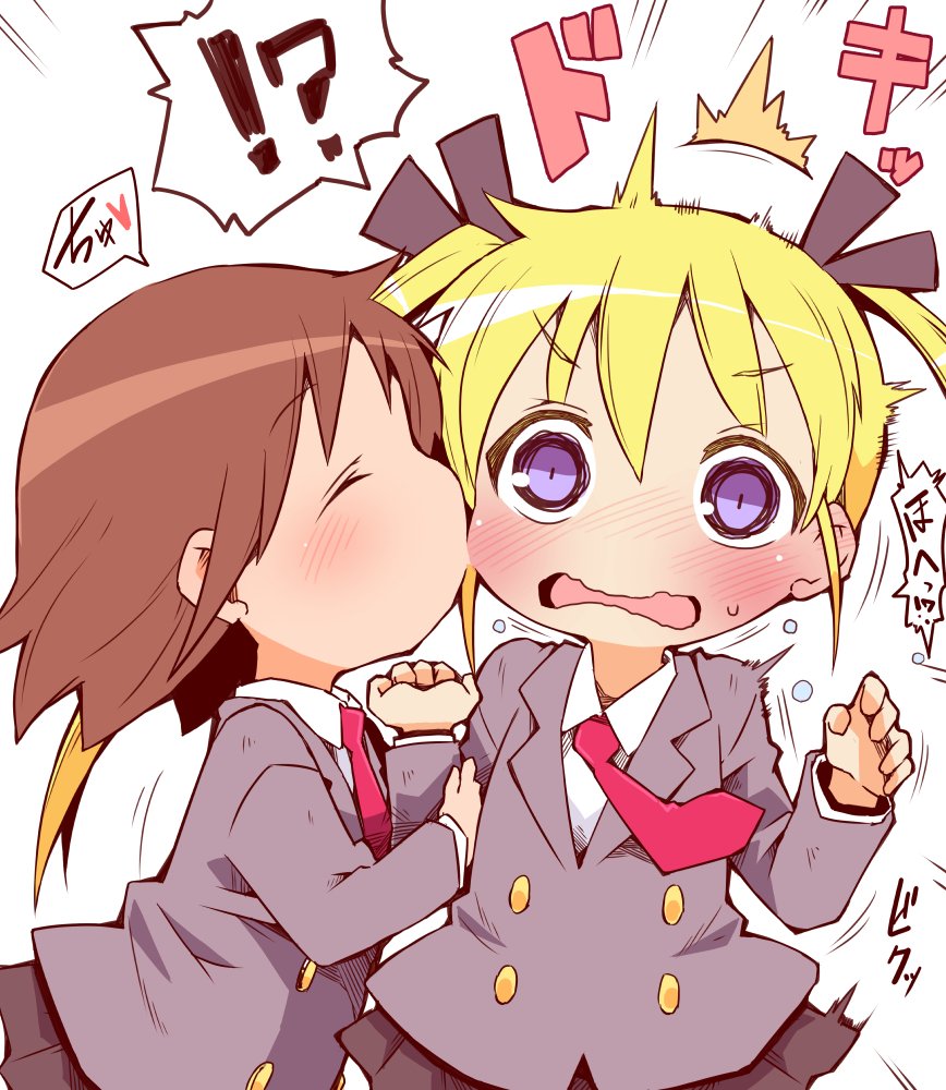 2girls, ^^^, black_ribbon, black_skirt, blonde_hair, blush, brown_hair, closed_eyes