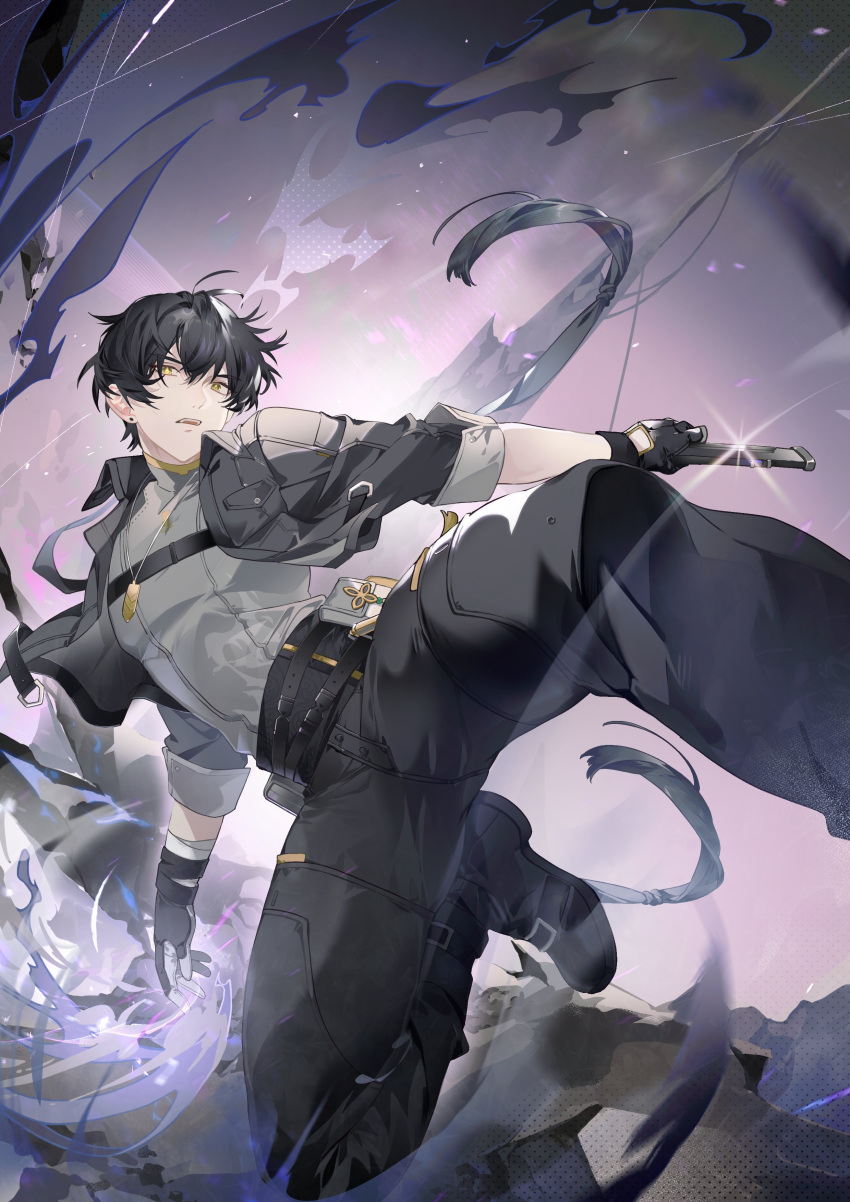 1boy, absurdres, belt, black_footwear, black_gloves, black_hair, black_jacket, black_pants