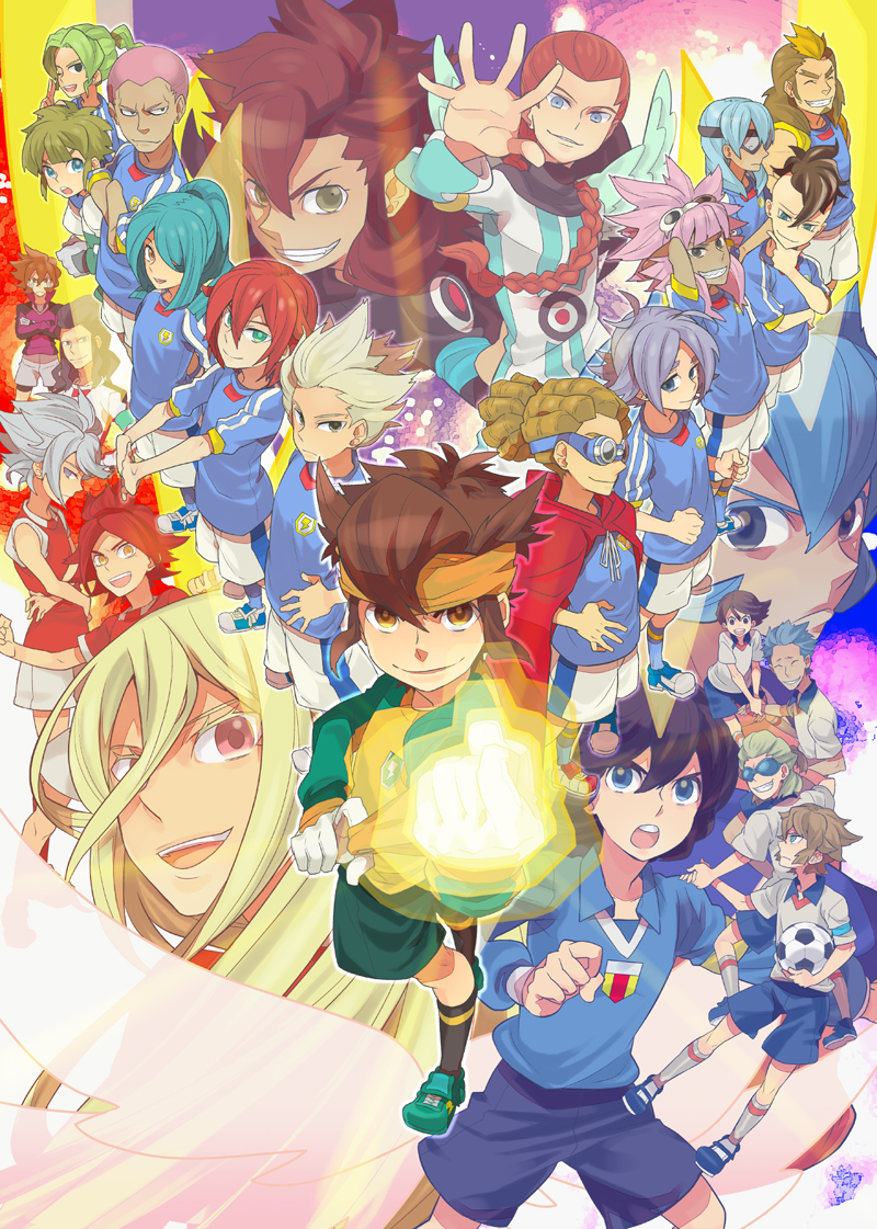 afuro_terumi, ball, blonde_hair, blue_eyes, blue_hair, brown_hair, desuta, domon_asuka