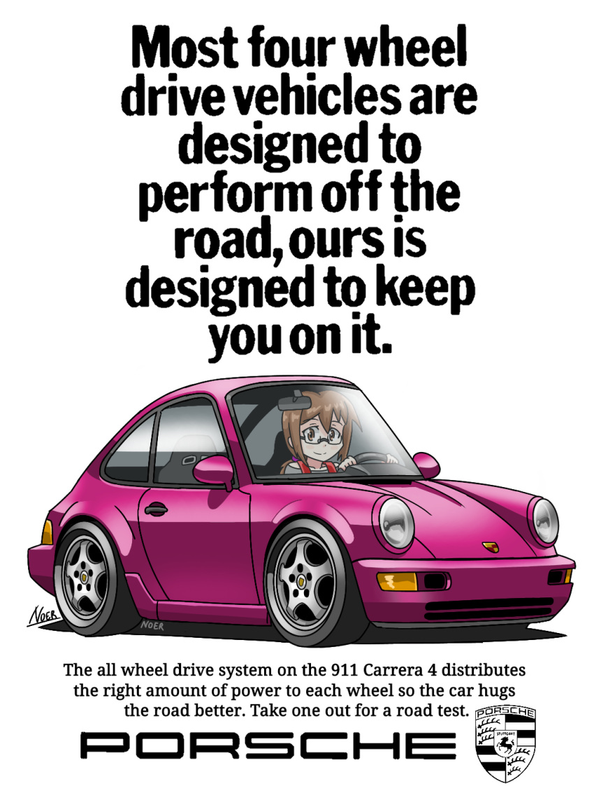 1girl, ad, artist_name, brown_eyes, car, driving, glasses, grey_shirt, highres, long_hair, looking_at_viewer, motor_vehicle, noerartworks, original, porsche, porsche_911, porsche_964, shadow, shirt, smile, sports_car, vehicle_focus, white_background