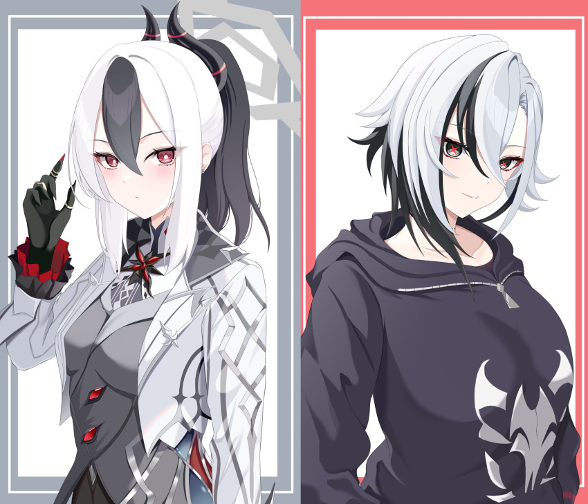 2girls, arlecchino_(genshin_impact), arlecchino_(genshin_impact)_(cosplay), black_eyes, black_hair, black_hands, black_hoodie, black_horns, blue_archive, bright_pupils, closed_mouth, colored_extremities, commission, cosplay, costume_switch, fingernails, genshin_impact, grey_halo, hair_between_eyes, halo, hand_up, highres, hood, hood_down, hoodie, horns, jacket, kayoko_(blue_archive), kayoko_(blue_archive)_(cosplay), long_fingernails, long_sleeves, looking_at_viewer, multicolored_hair, multiple_girls, red_eyes, shirota_(shirotadefu5), skeb_commission, smile, symbol-shaped_pupils, two-tone_hair, white_hair, white_jacket, white_pupils, x-shaped_pupils