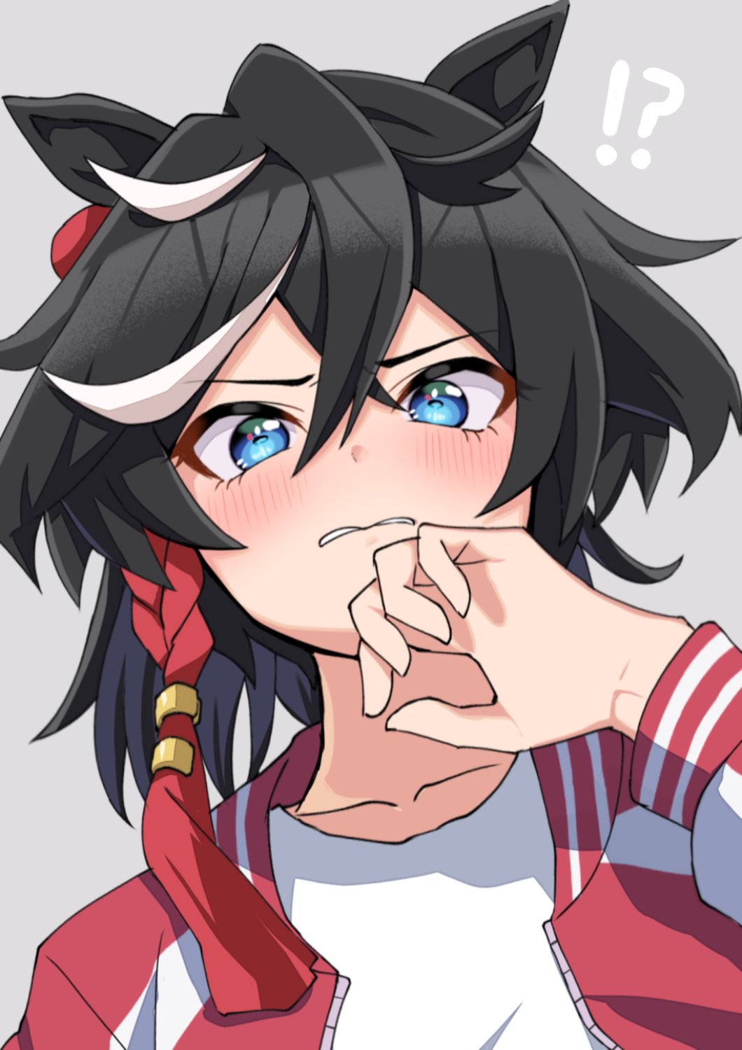 !?, 1girl, animal_ears, black_hair, blue_eyes, closed_mouth, commentary_request, grey_background, hair_between_eyes, hair_ornament, highres, horse_ears, horse_girl, jacket, katsuragi_ace_(umamusume), long_sleeves, looking_at_viewer, medium_hair, multicolored_hair, official_alternate_costume, ponytail, prtn_(ttnx), red_jacket, shirt, simple_background, solo, streaked_hair, tassel, tassel_hair_ornament, umamusume, upper_body, white_hair, white_shirt