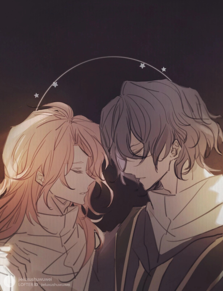 2boys, ahoge, chinese_commentary, closed_eyes, commentary_request, gold_trim, grey_hair, hatsutori_hajime